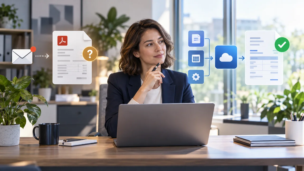 Une entrepreneuse compare une facture PDF reçue par e-mail avec une facture structurée transmise par une plateforme