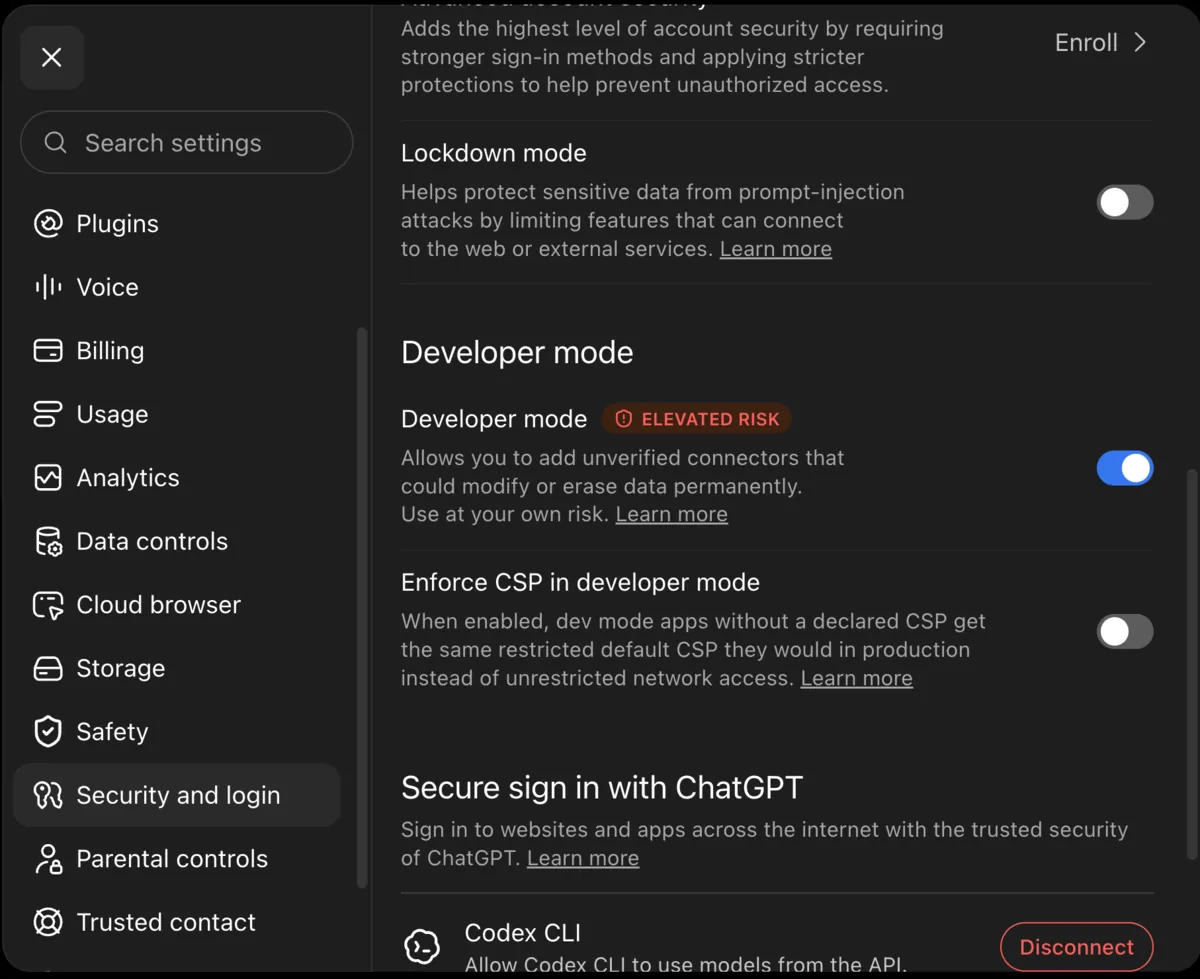 Paramètres de ChatGPT, section Sécurité et connexion : l'interrupteur Developer mode est activé.