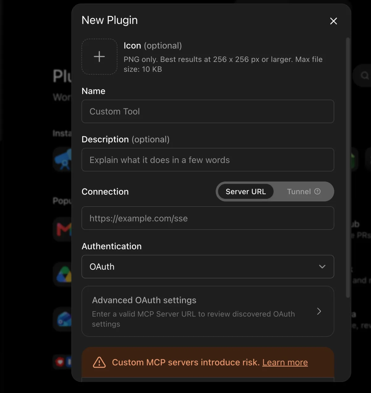 Fenêtre New Plugin de ChatGPT, vide : icône, nom, description, connexion par URL de serveur, authentification.