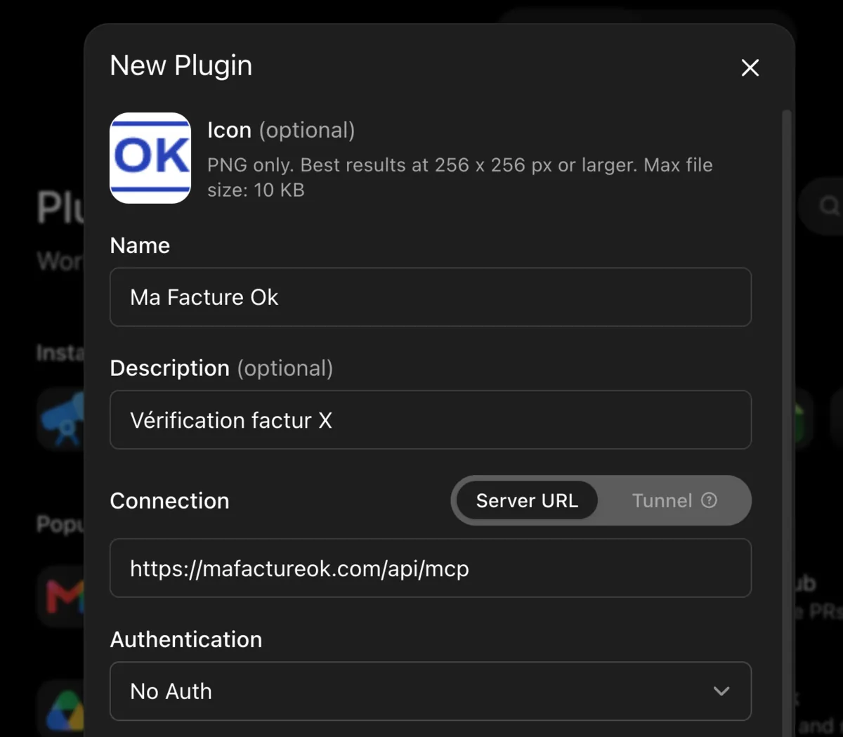 La même fenêtre remplie : nom Ma Facture Ok, description, adresse https://mafactureok.com/api/mcp, authentification No Auth.