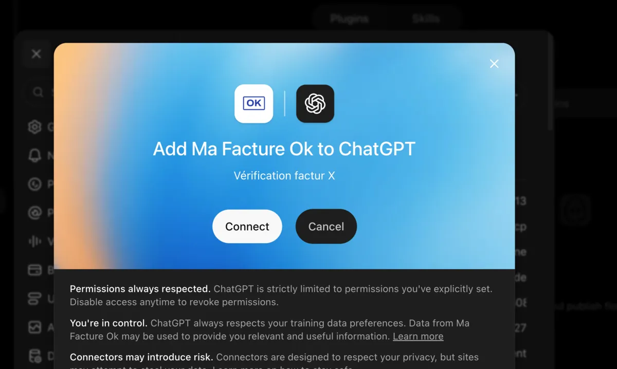 Fenêtre de confirmation « Add Ma Facture Ok to ChatGPT » avec les boutons Connect et Cancel.
