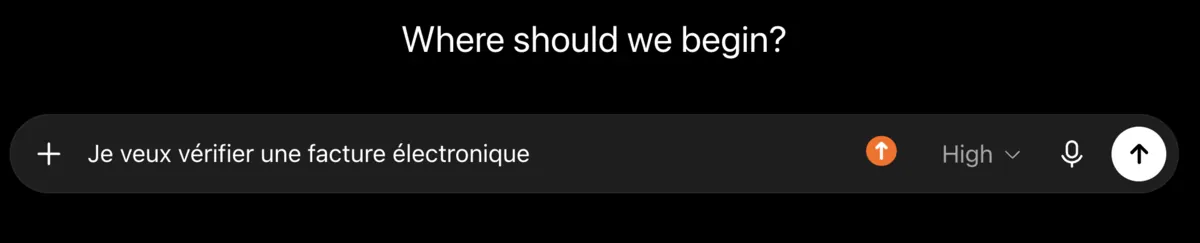 La zone de saisie de ChatGPT avec la phrase « Je veux vérifier une facture électronique ».