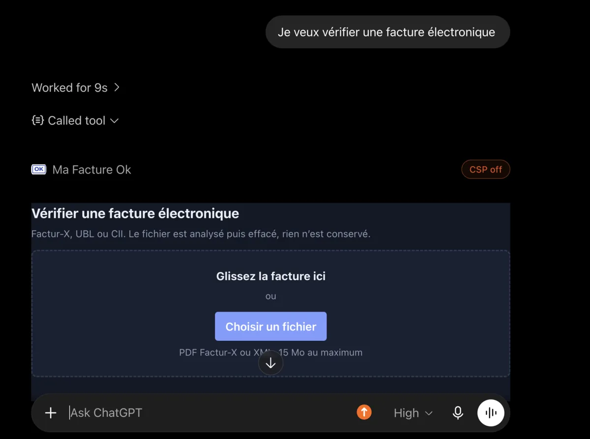 La carte MaFactureOK affichée dans la conversation ChatGPT : zone « Glissez la facture ici » et bouton Choisir un fichier.