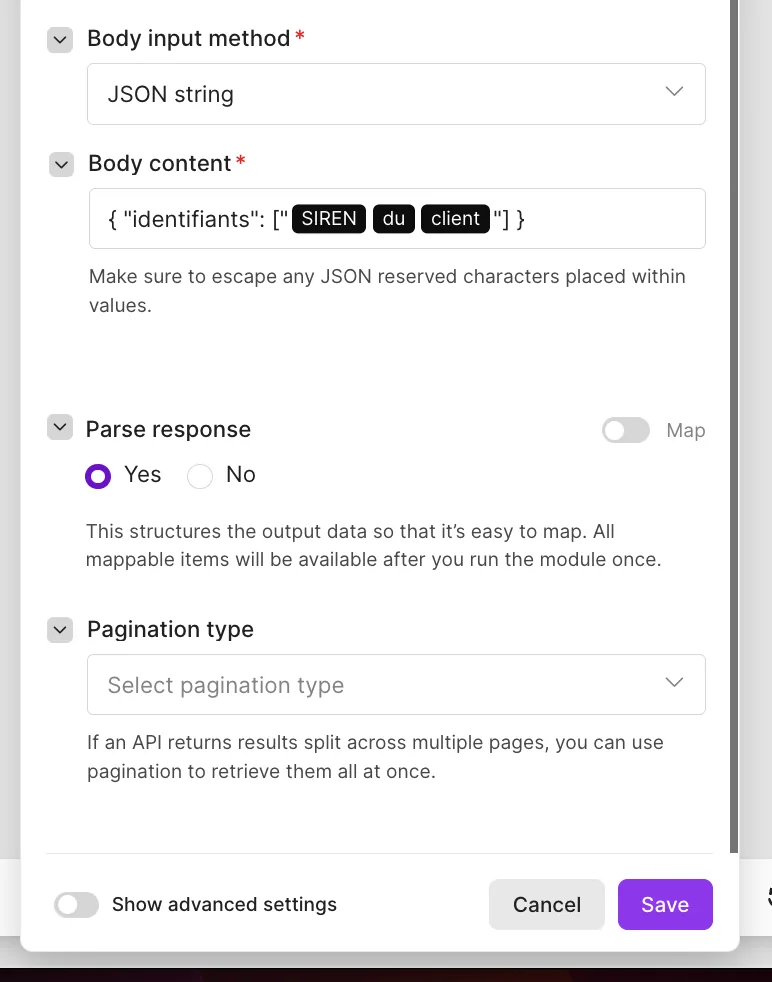 Module HTTP de Make : Body input method réglé sur JSON string, Body content contenant l'objet identifiants avec le SIREN du client mappé, Parse response sur Yes.