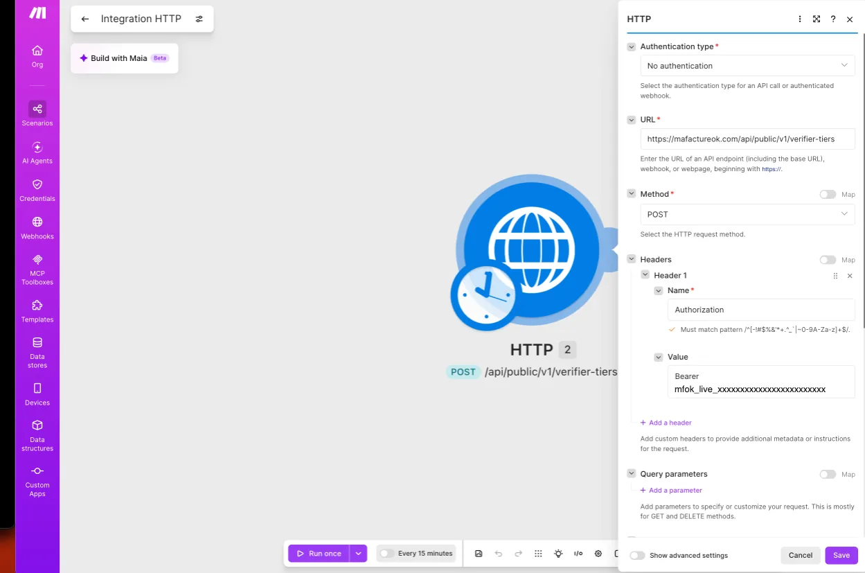 Module HTTP de Make : Authentication type sur No authentication, URL de l'endpoint verifier-tiers, Method POST, un en-tête nommé Authorization dont la valeur commence par Bearer suivi de la clé.