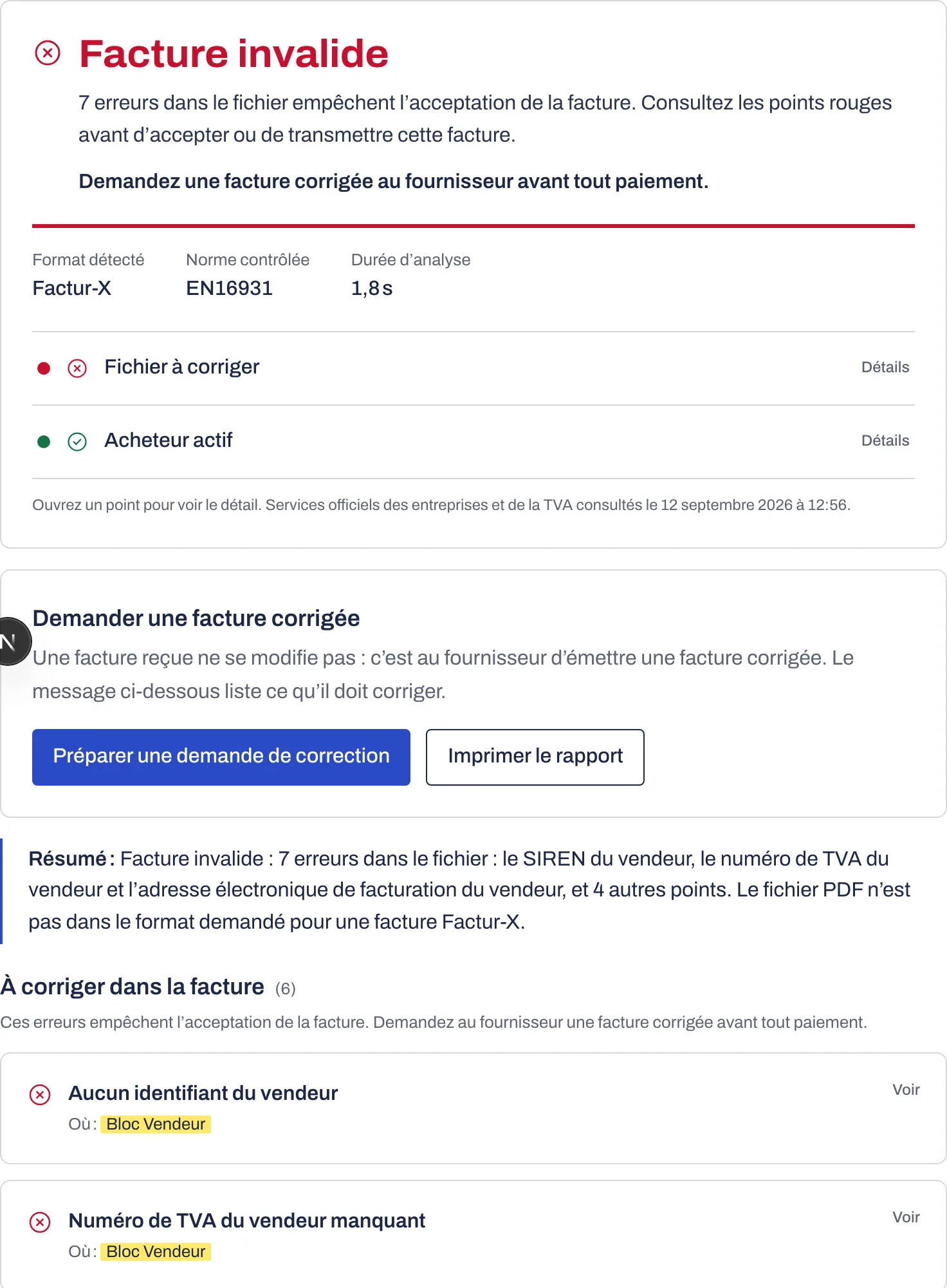 Rapport MaFactureOK sur une facture invalide : le verdict, le format détecté, puis la liste des points contrôlés avec la correction attendue.